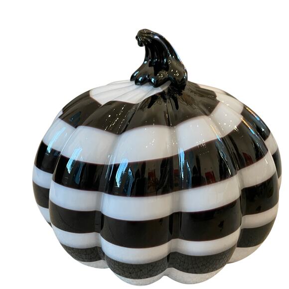 Christian Siriano Hand Blown Art Glass Pumpkin White Black Stripe Swirl 9x8 NEW - Picture 14 of 15